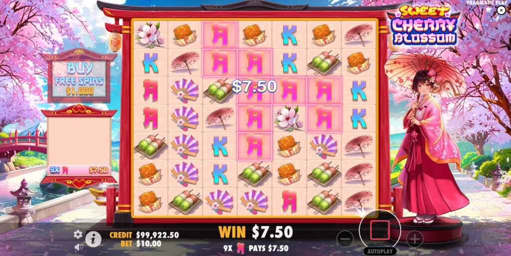 Example of a winning block (cluster pays) combination in the Sweet Cherry Blossom demo slot.