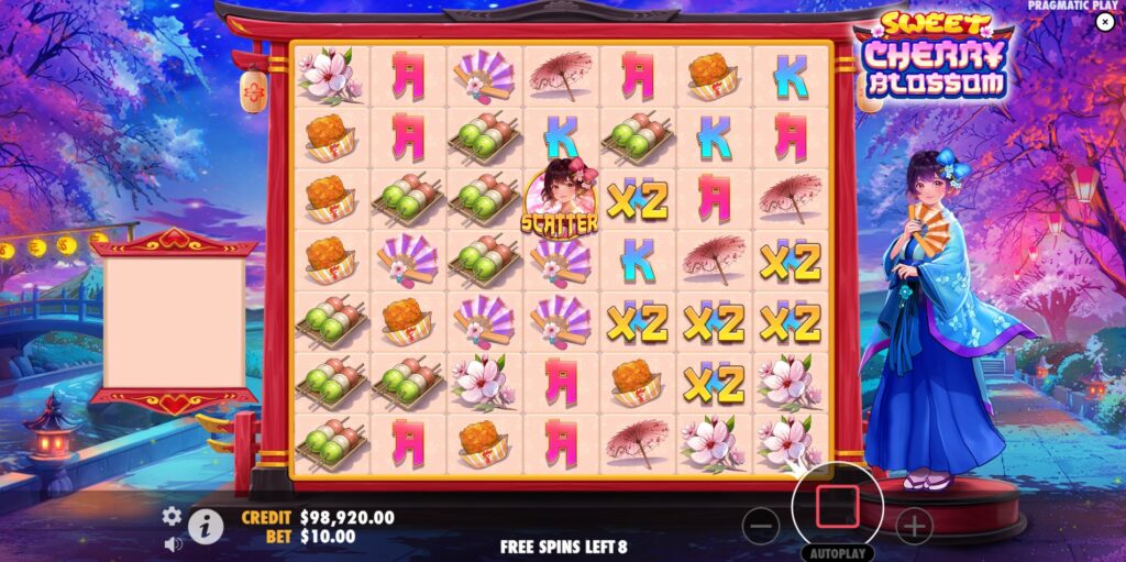 Gameplay during the Sweet Cherry Blossom Free Spins round, highlighting the increased potential for random multipliers.