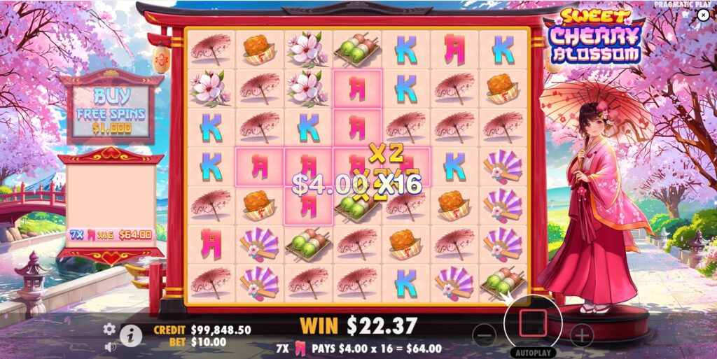 A symbol displaying a random 2x or 4x multiplier during a win in the Sweet Cherry Blossom slot.