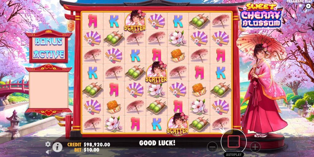 Three or more Geisha Scatter symbols landing on the Sweet Cherry Blossom grid to trigger the Free Spins feature.