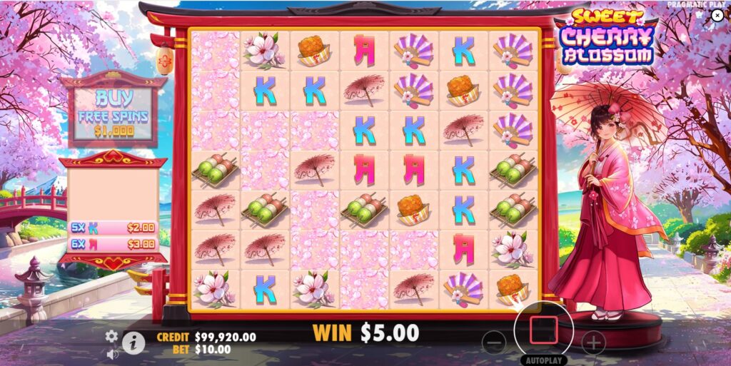 The Tumble feature in action in Sweet Cherry Blossom, with winning symbols disappearing and new ones cascading down.
