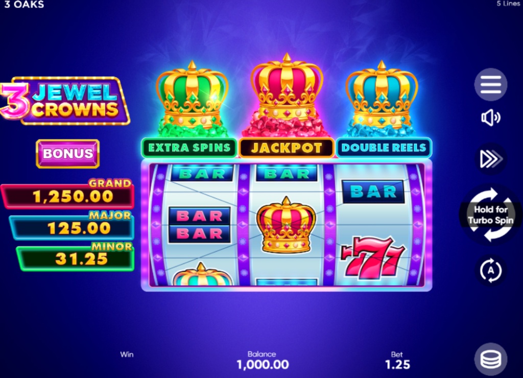 3 Jewel Crowns slot base game interface showing 3x3 grid and neon symbols.