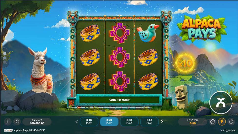 The 3x3 grid of the Alpaca Pays slot, featuring vibrant Peruvian-themed symbols and the main alpaca character.