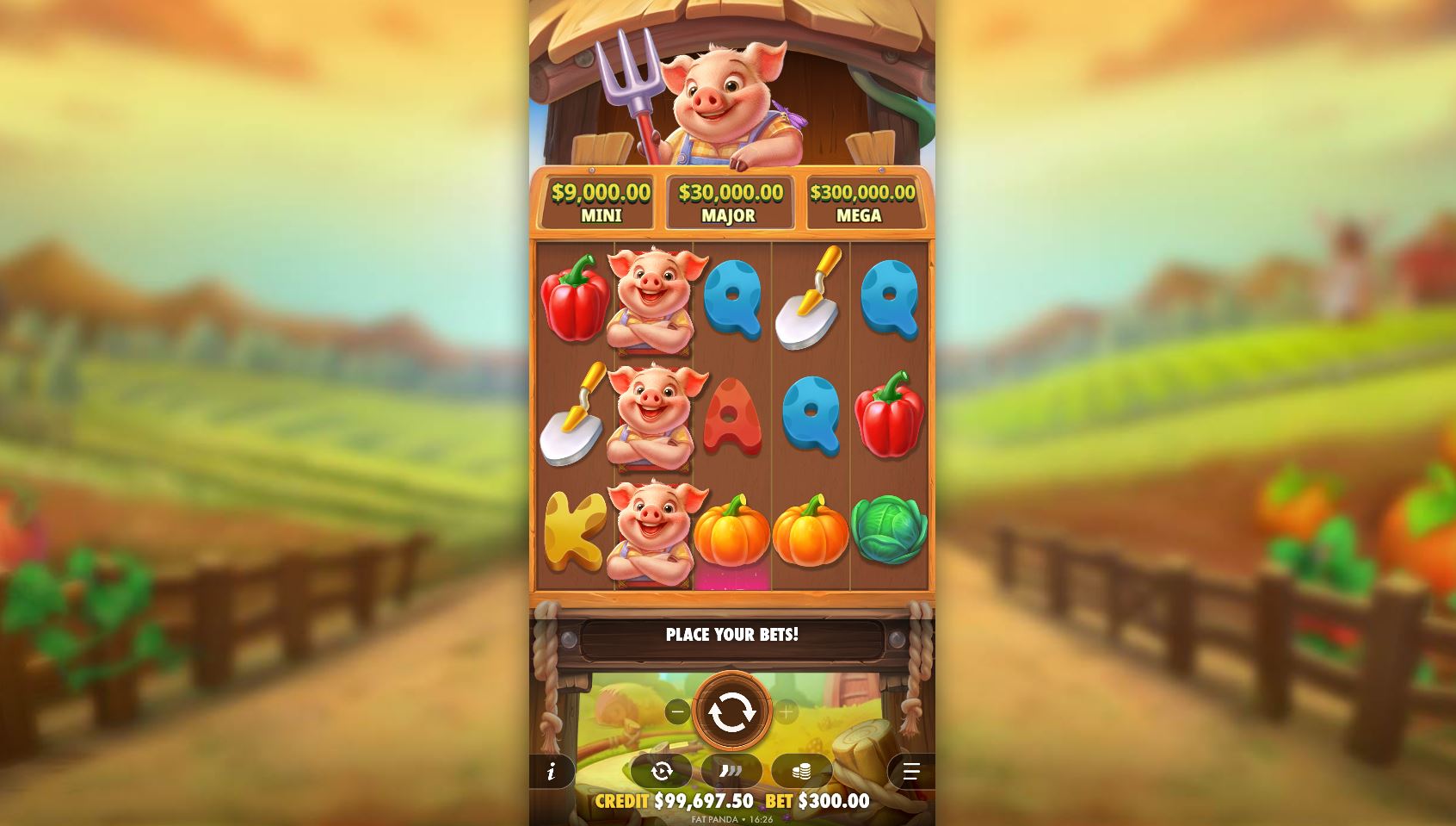 The Pig Farm slot gameplay grid displaying its cartoon symbols and fixed jackpots above the reels.