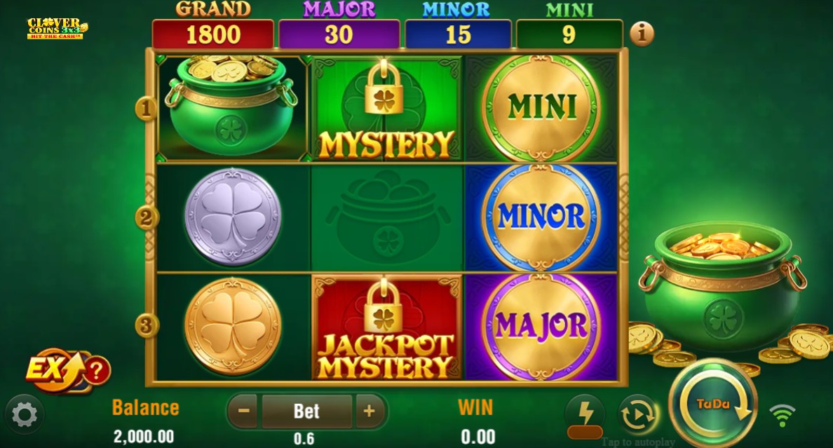 The 3x3 reel layout of the Clover Coins 3x3 slot game, showing the Irish-themed symbols and jackpot values above.