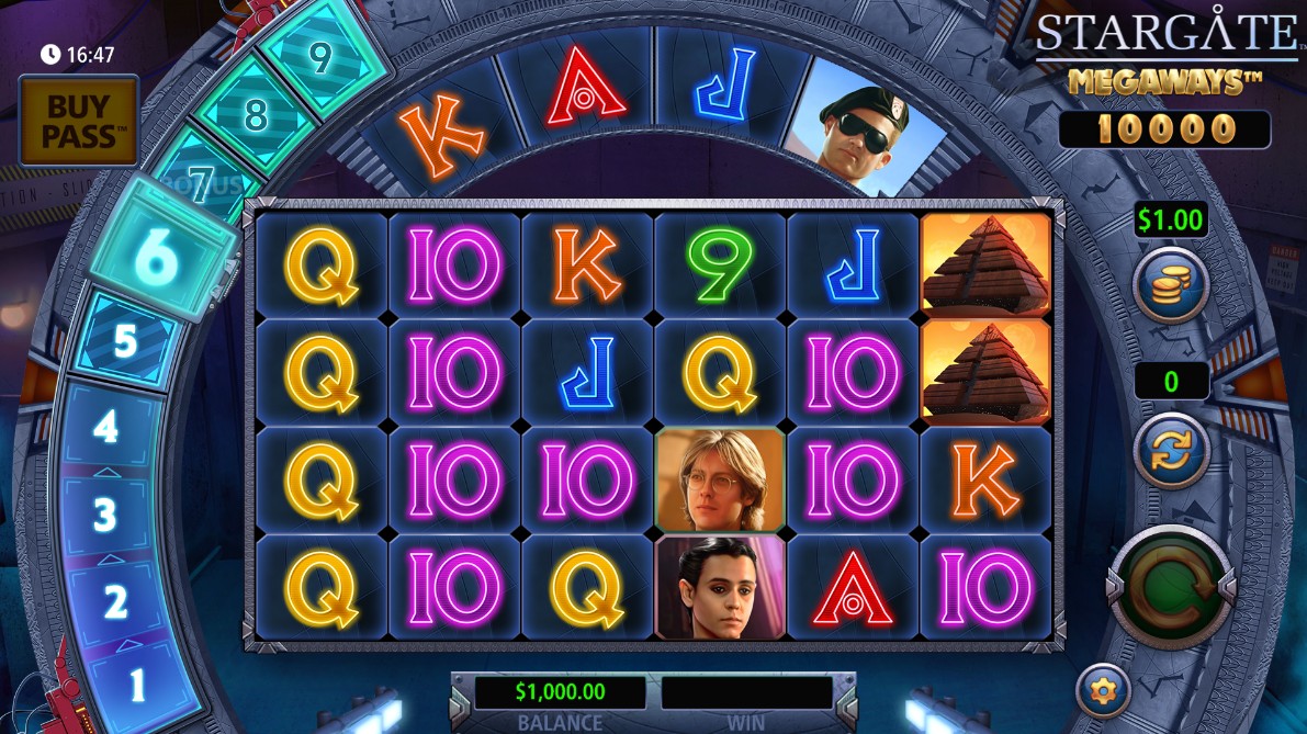 The main game screen of the Stargate Megaways slot, showcasing the 6-reel layout and the progressive Trail meter on the left.