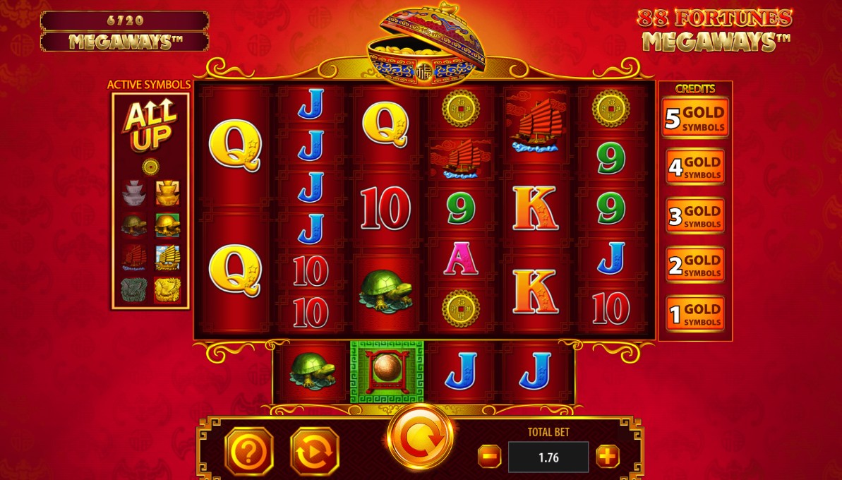 The main game grid of 88 Fortunes Megaways slot showcasing the Megaways and All Up features.