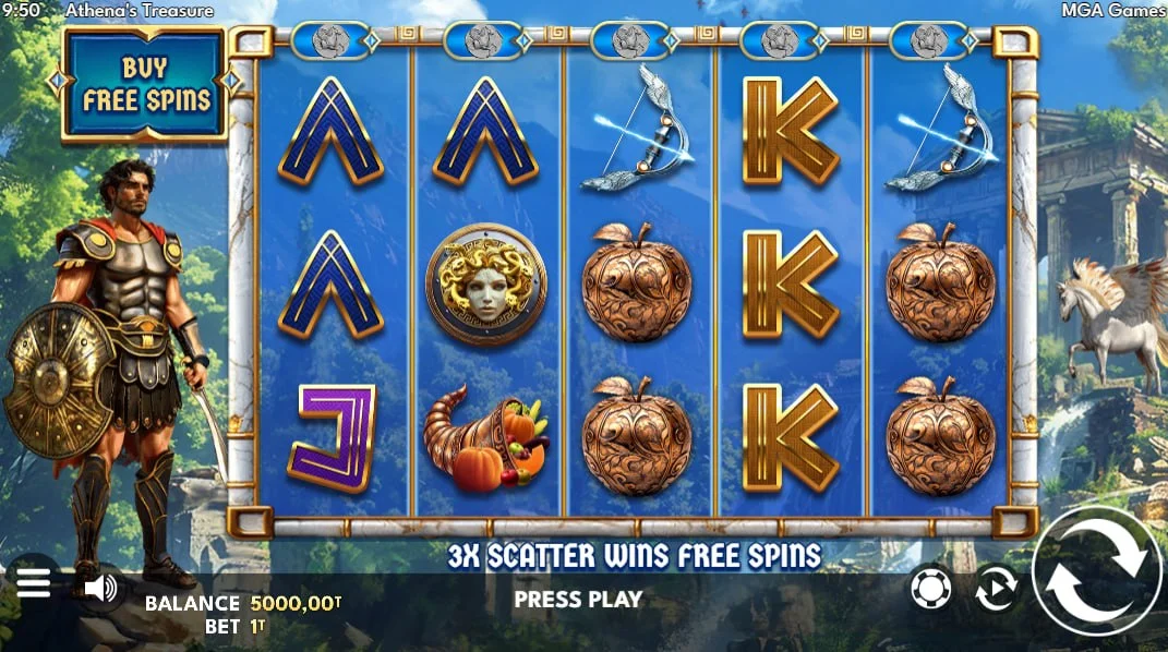 Athena's Treasure slot main game screen showing the 5x3 layout and Greek warrior character, highlighting the 10 prize lines and UI.
