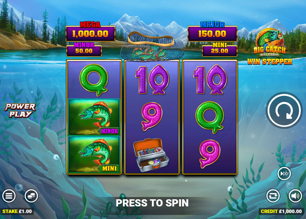 The base game grid of Big Catch Bass Fishing Win Stepper, showing the 3x3 reel layout and the four Cashpot jackpot values above, illustrating the game's main interface.