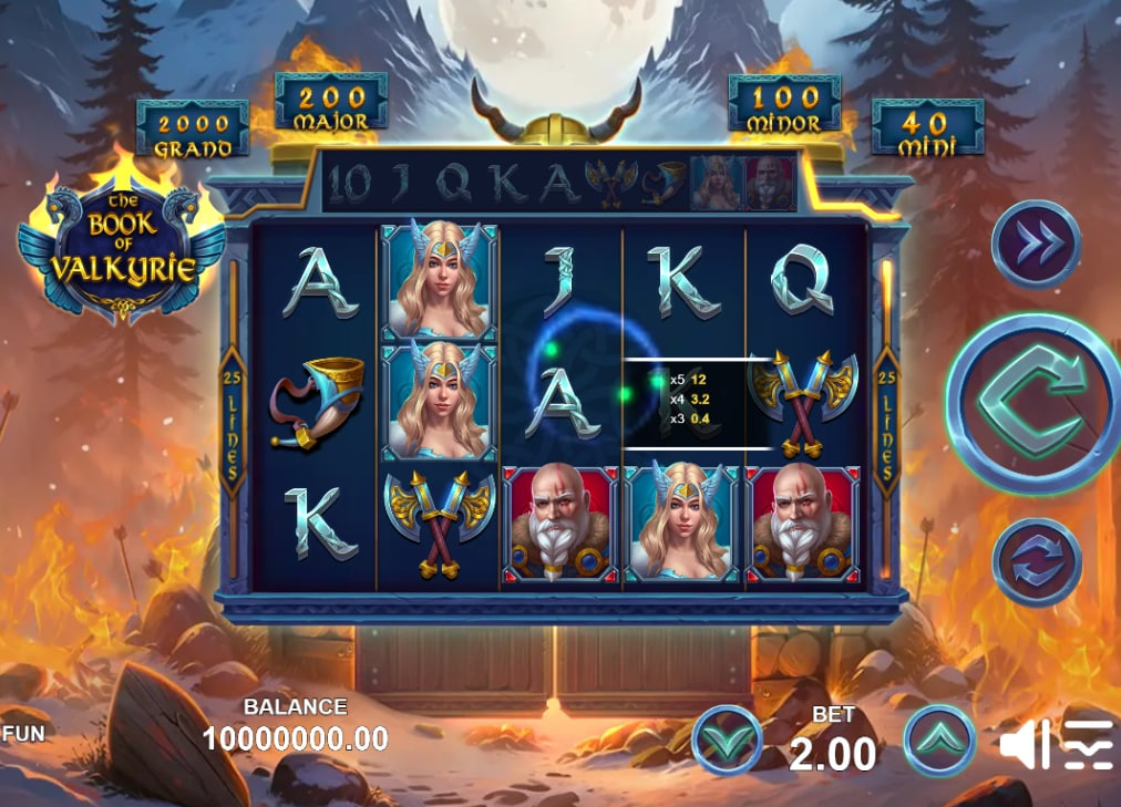 Book of Valkyrie slot base game interface showing 5x3 reels with Viking symbols, paylines, and snowy background.