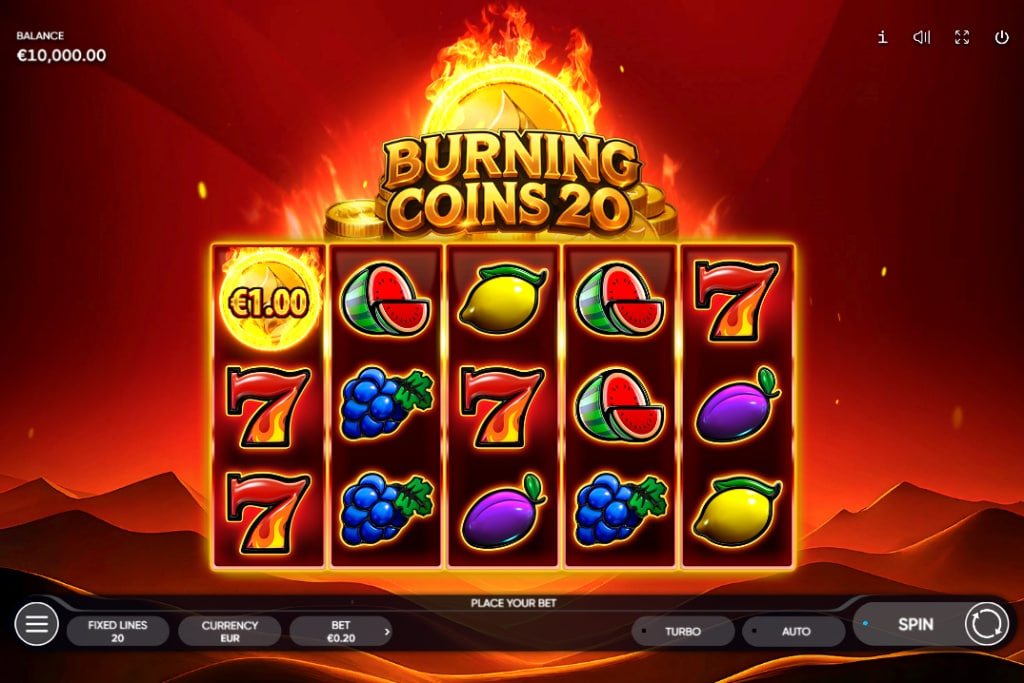 Base game interface of Burning Coins 20 slot showing 5x3 reels with fruit symbols and a Burning Coin symbol.