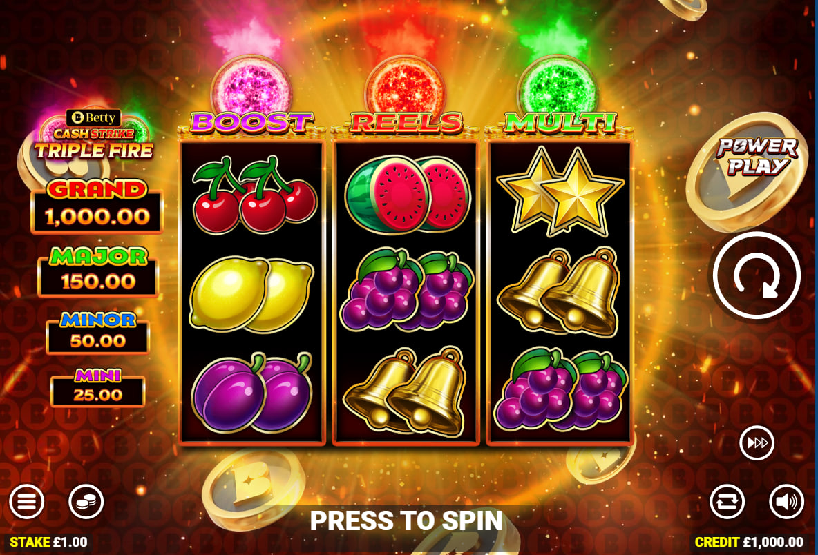 Classic fruit symbols on the 3x3 grid of Cash Strike Triple Fire slot showing the three feature fireballs.