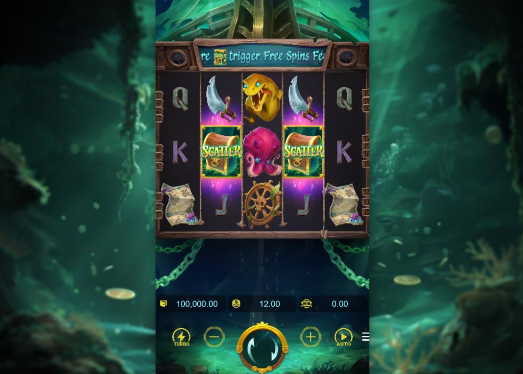 Dead Man's Riches slot base game interface showing 5x3 reels with pirate map symbols and underwater background.