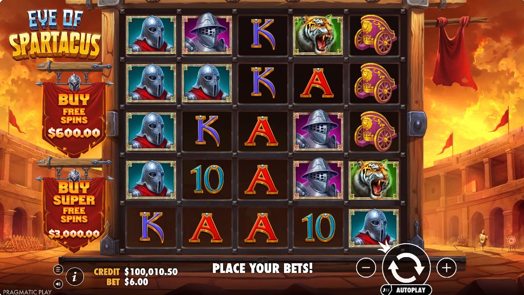 The main game screen of the Eye of Spartacus slot, showing the 5x5 grid in the Colosseum.