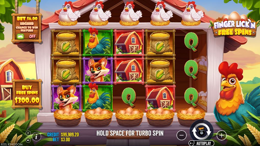 Finger Lick’n Free Spins base game screen with farm animal symbols and hens above the reels.
