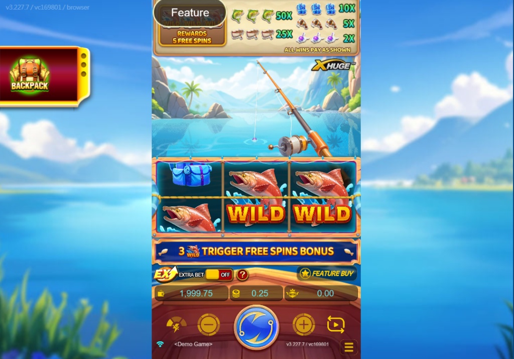 Fishin' Fever X-Huge slot base game interface by JDB Gaming showing 3 reels and Extra Bet toggle.