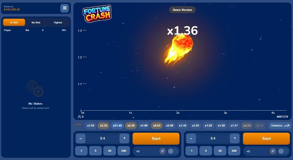 Fortune Crash betting interface by PopOK Gaming showing the rising fireball multiplier at 1.36x against a dark blue space background.