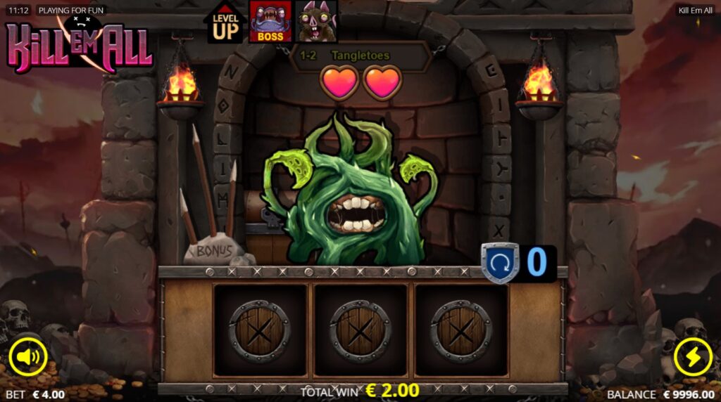 Kill Em All slot base game screen showing 1x3 reel combat against a monster with weapon symbol hit.