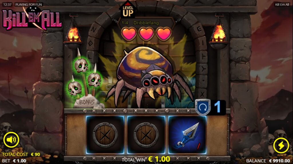 Kill Em All slot gameplay during Dungeon Domination Spins with active Level Up features.