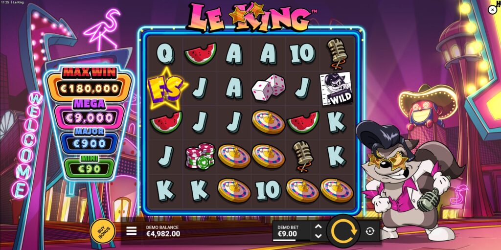 Le King slot main game interface with 6x5 grid, symbols, and Smokey the Raccoon mascot by Hacksaw Gaming.