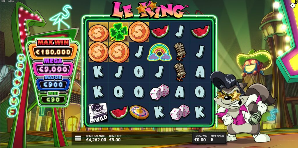 Spin City Free Spins bonus round in Le King slot showing progressive Golden Squares.