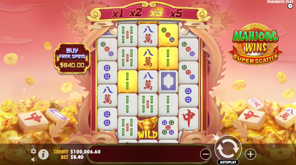 Main 5x5 game grid interface of Mahjong Wins Super Scatter slot by Pragmatic Play.