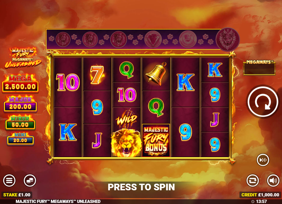 The main 6-reel game grid of Majestic Fury Megaways Unleashed, showcasing the dynamic Megaways rows and the four fixed jackpots on the left.