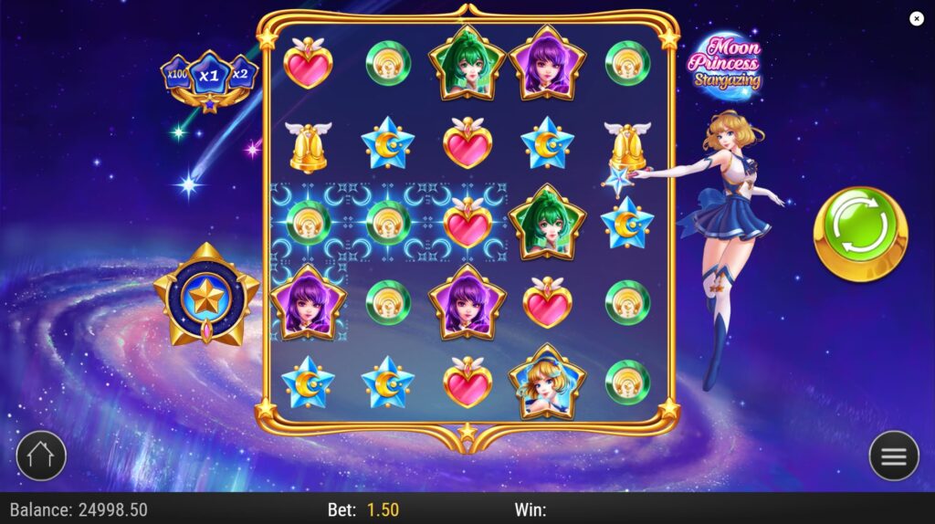 Moon Princess Stargazing base game with a 5x5 grid, active Princess Star, Resonance meter, and highlighted cells.