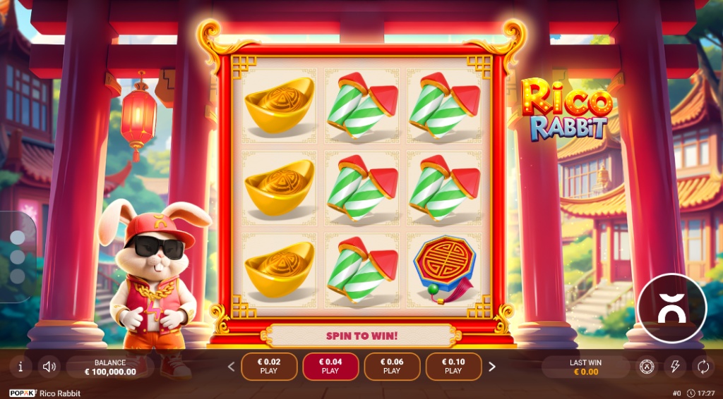 Rico Rabbit slot base game interface showing the hip-hop bunny character and 3x3 grid set in a Chinese temple.