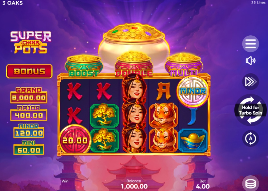 Super China Pots slot base game interface showing 5 reels, 3 rows, and three colored collection pots on top by 3 Oaks Gaming.