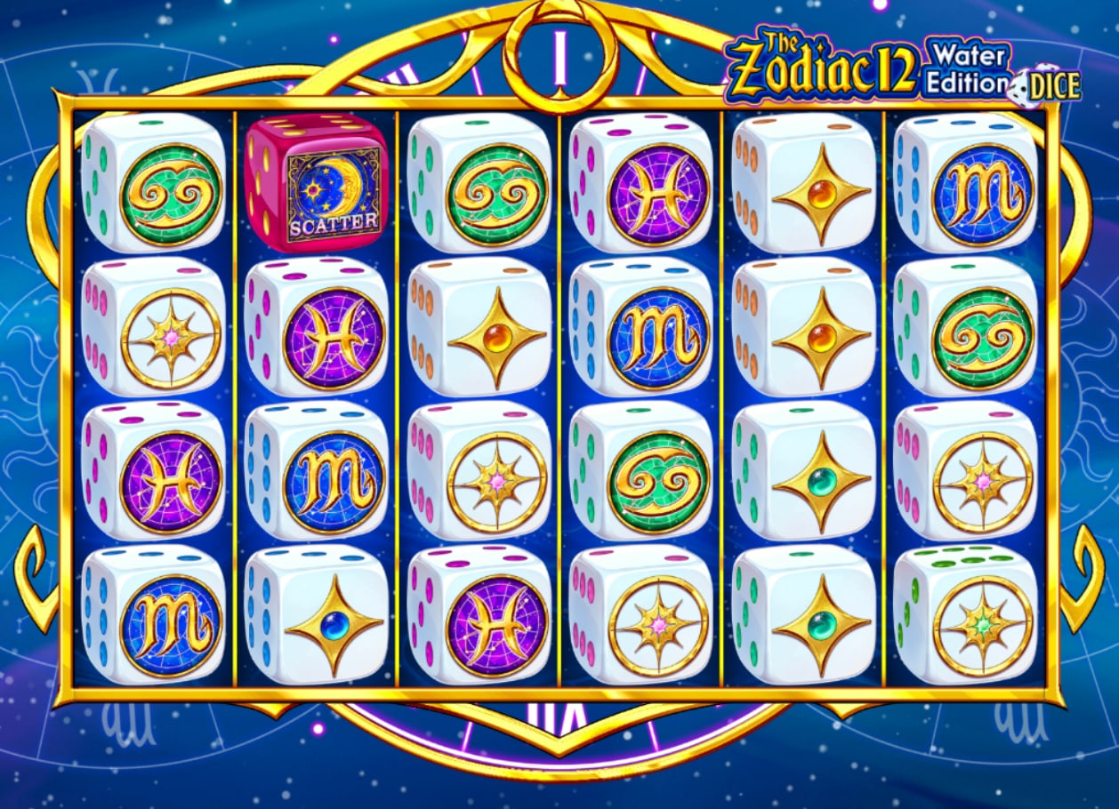 The Zodiac Water Edition Dice slot base game grid showing zodiac dice symbols and blue background.
