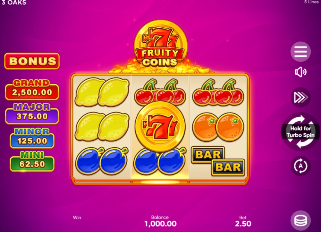 777 Fruity Coins slot base game interface showing 3x3 grid and fruit symbols