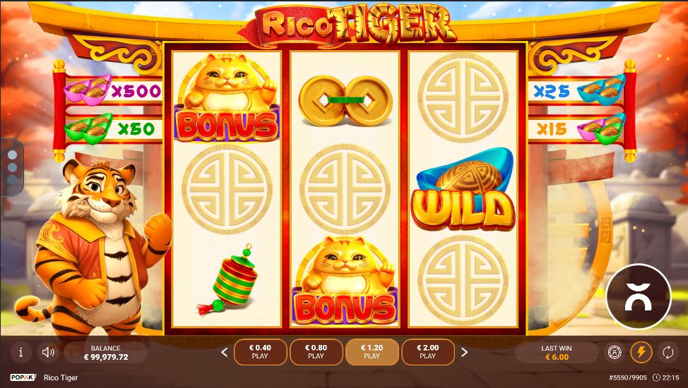 The base game interface of the Rico Tiger slot, showing the 3x3 reel layout and the main character.