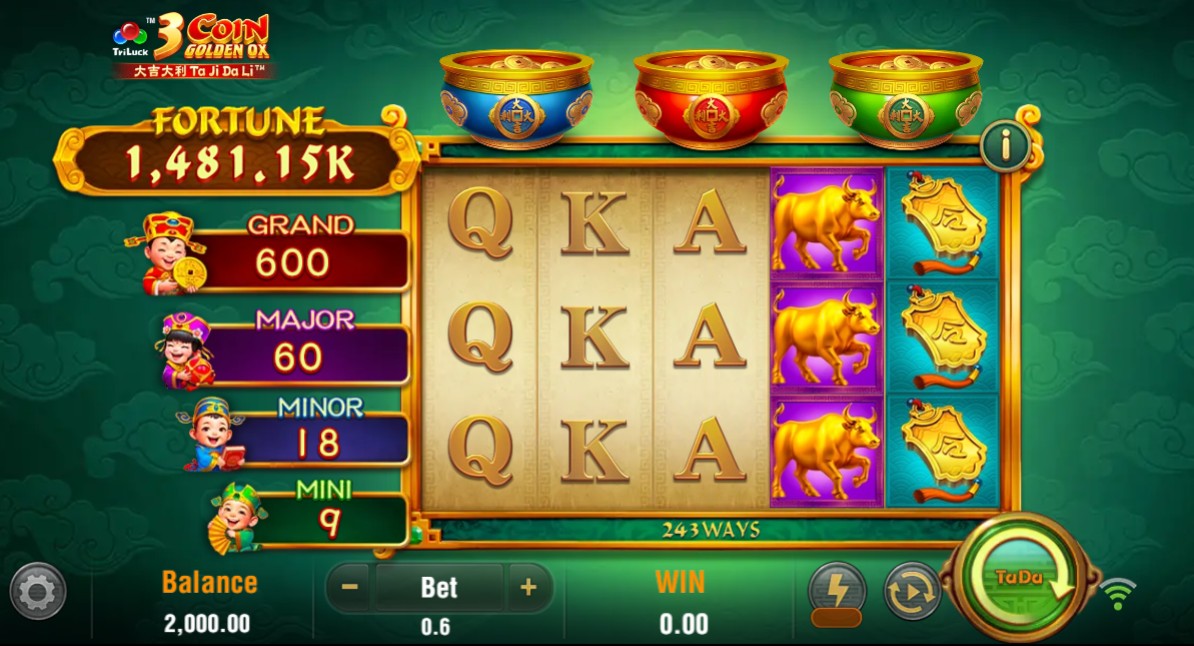The main 5x3 game board of the 3 Coin Golden Ox slot, showing the jackpot levels and collection pots above the reels.