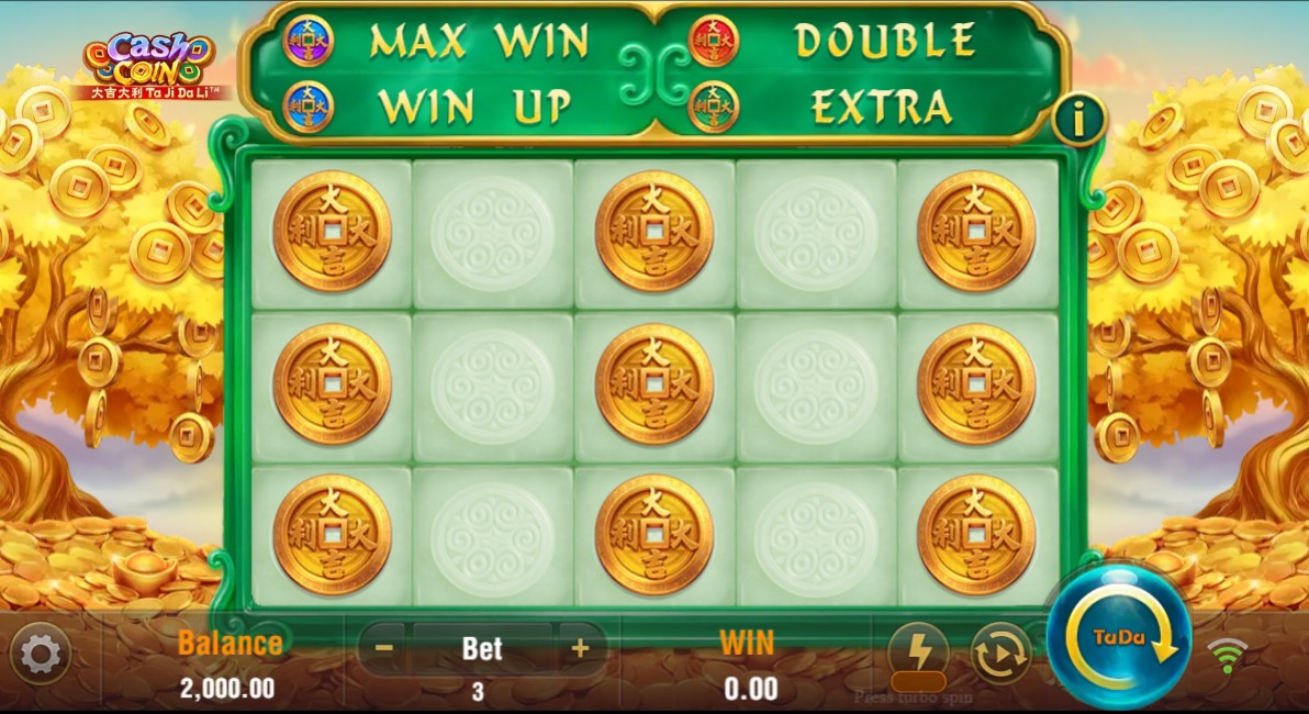 The 5x3 reel layout of the Cash Coin slot by TaDa Gaming, set against a background of golden money trees.