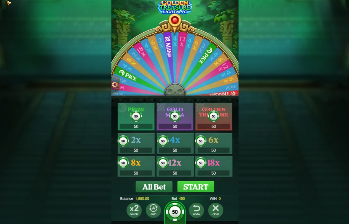 The main game screen of Golden Treasure Lightning showing the betting layout and the vibrant bonus wheel.