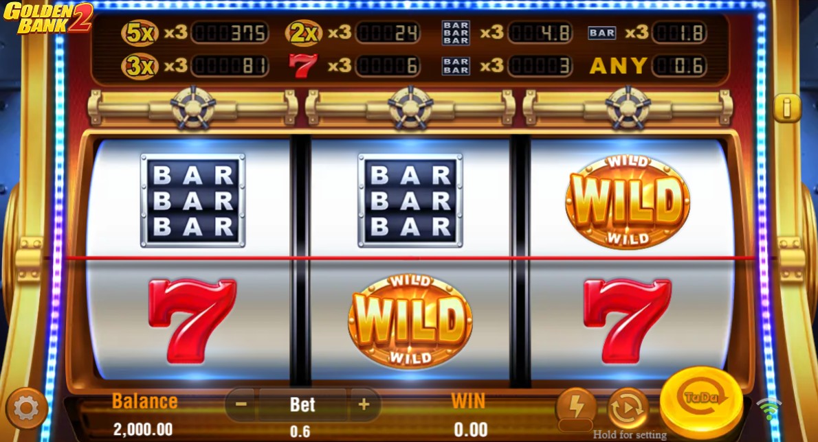 The 3x1 reel layout of the Golden Bank 2 slot, showing classic BAR and 7 symbols on a single payline.