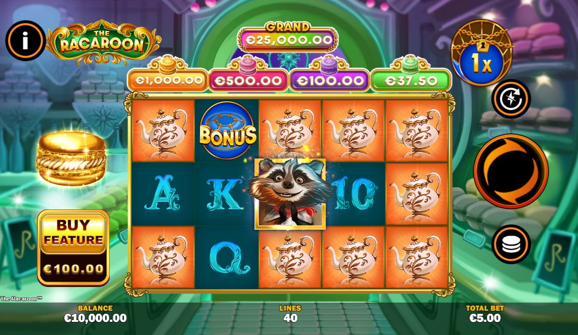 The base game screen of The Racaroon slot, showing the 5x3 grid set in a Parisian pastry shop with the Racoon character featured.