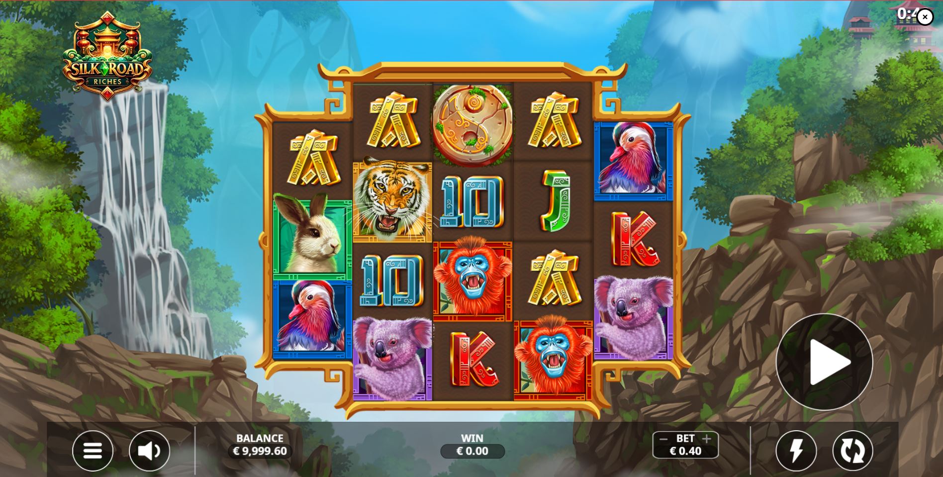 The base game reel layout of the Silk Road Riches slot, showing the 3-4-4-4-3 grid and animal symbols.