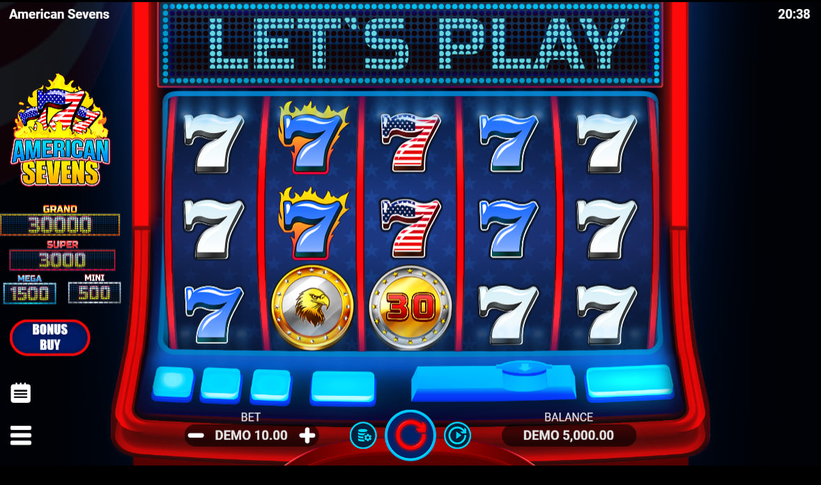 American Sevens slot main reels displaying neon symbols and the Hot Bonus hat which is crucial for triggering features.