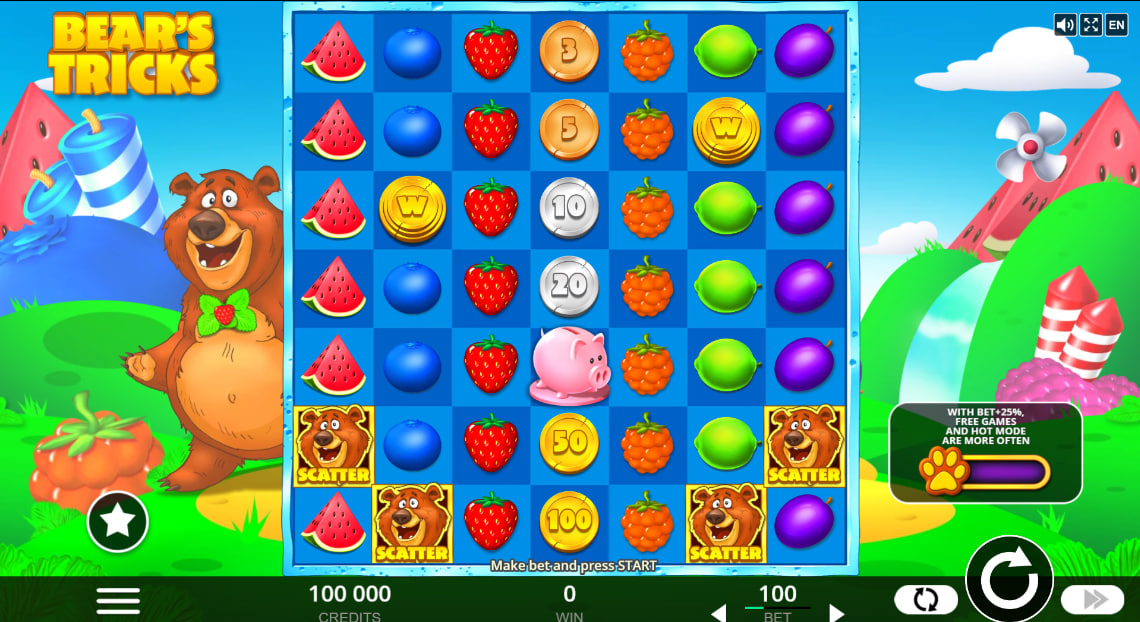 A full 7x7 symbol grid in Bear's Tricks slot showing colorful fruit clusters which helps players understand the visual alignment requirements.