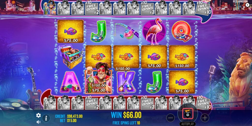 Fisherman Wild symbol collecting cash values from Fish Money symbols in Big Bass Rock and Roll free spins.