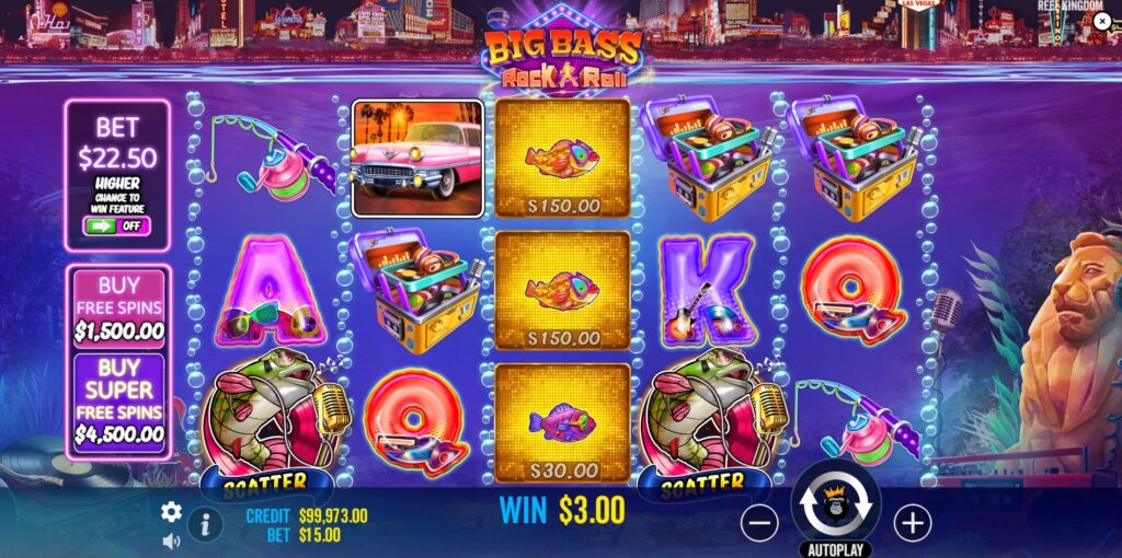 Main gameplay grid of Big Bass Rock and Roll slot featuring theme symbols and paylines.