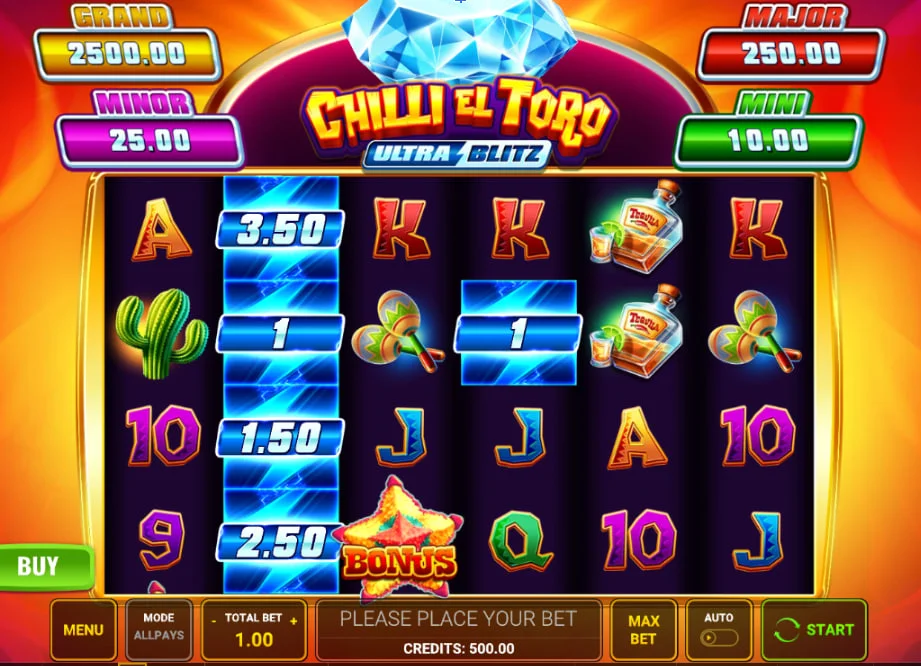 Full 6-reel grid of Chilli El Toro Ultra Blitz showing the Allpays system and four fixed jackpots for a clear overview of the game's layout.