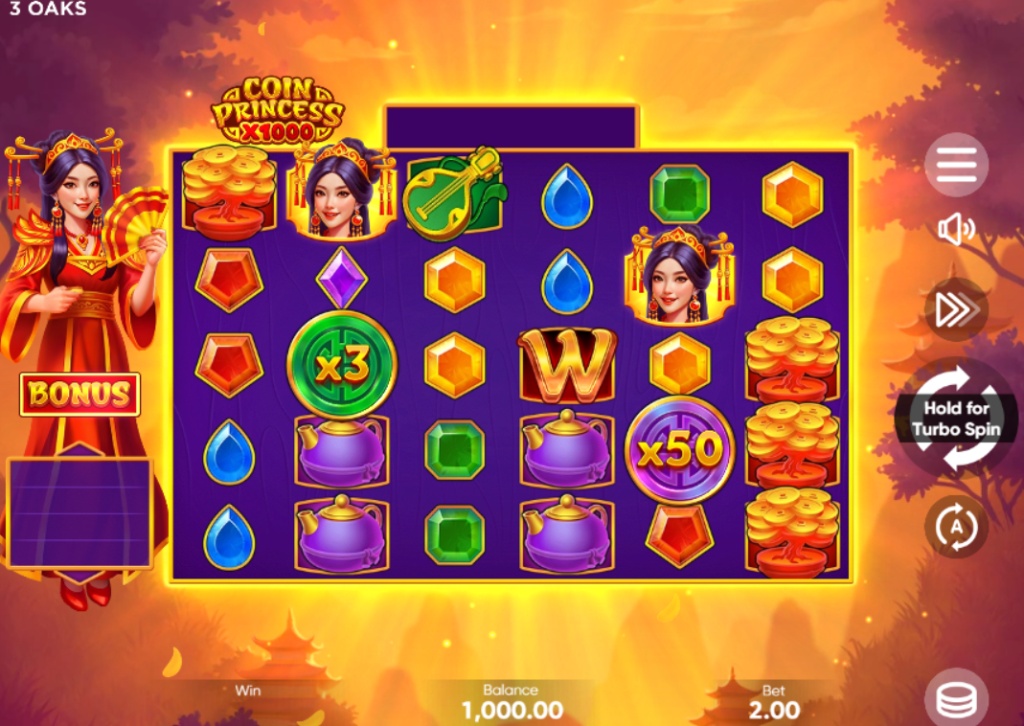 Coin Princess x1000 slot base game interface showing 6x5 grid and princess character.