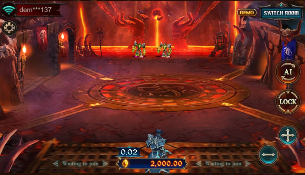 Main interface of Dragon of Demons arcade slot showing the dungeon setting, aiming reticle, and various monster targets on screen.