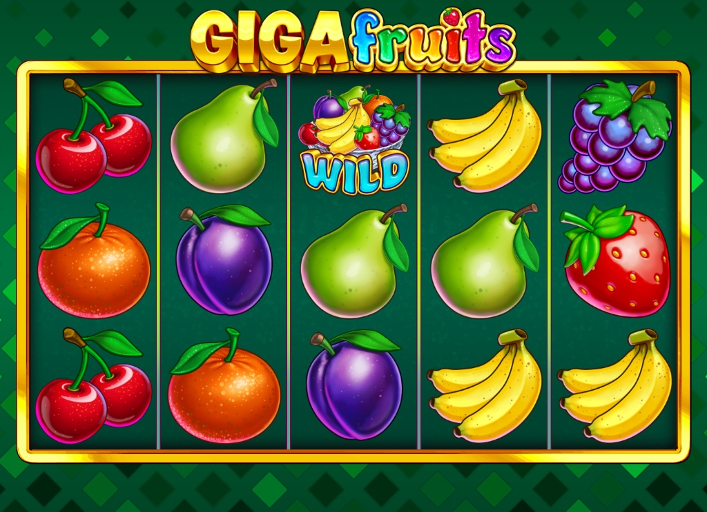 Giga Fruits slot by Zeusplay main game interface showing 5x3 grid with high-paying watermelon and grape symbols on green background.