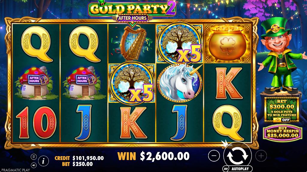 Gold Party 2 - After Hours slot base game interface featuring 5x3 reels and Irish party theme