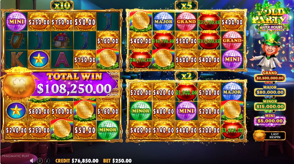 The final win total is displayed after a highly successful Money Respin feature in Gold Party 2, showing a massive prize.