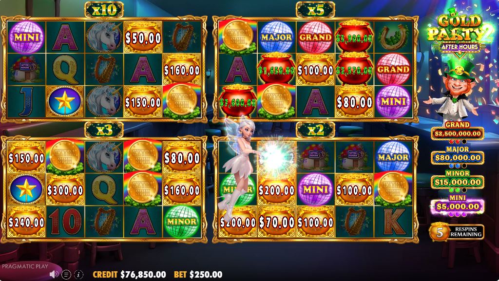 Money Respin feature active showing four separate 3x5 grids with Money and Super Pot symbols